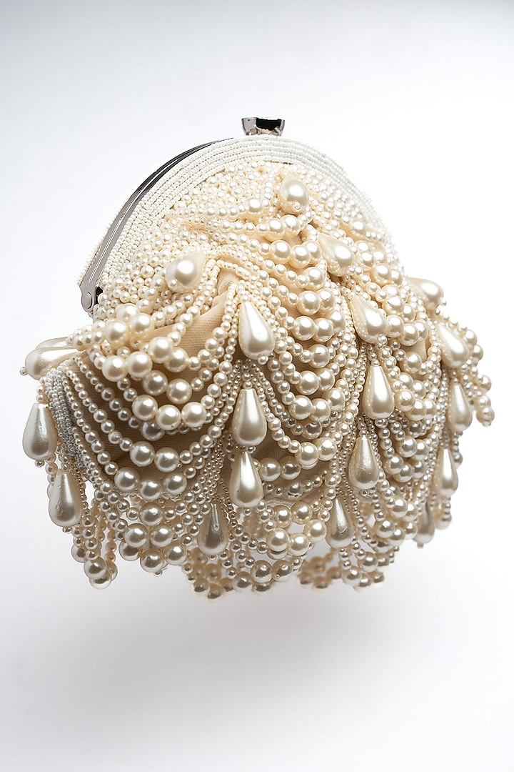 White Suede Pearl Work Clutch by Nayaab by Sonia at Pernia's Pop Up Shop
