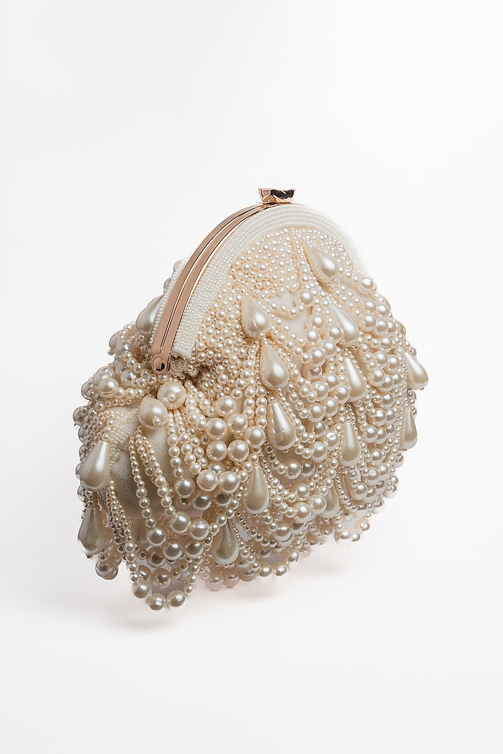 White Suede Pearl Work Clutch by Nayaab by Sonia at Pernia's Pop Up Shop