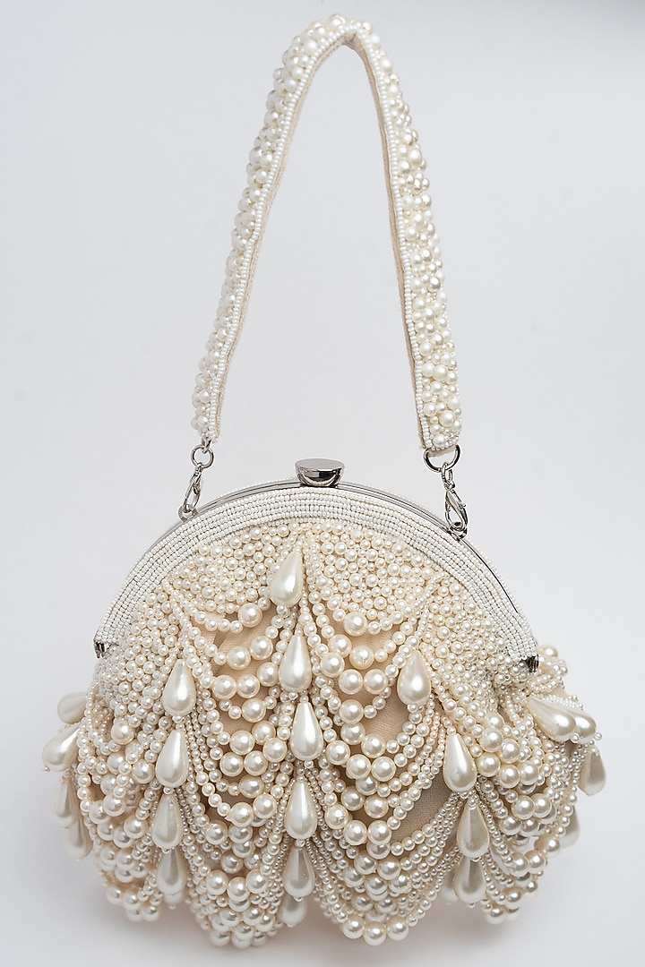 White Suede Pearl Work Clutch by Nayaab by Sonia at Pernia's Pop Up Shop