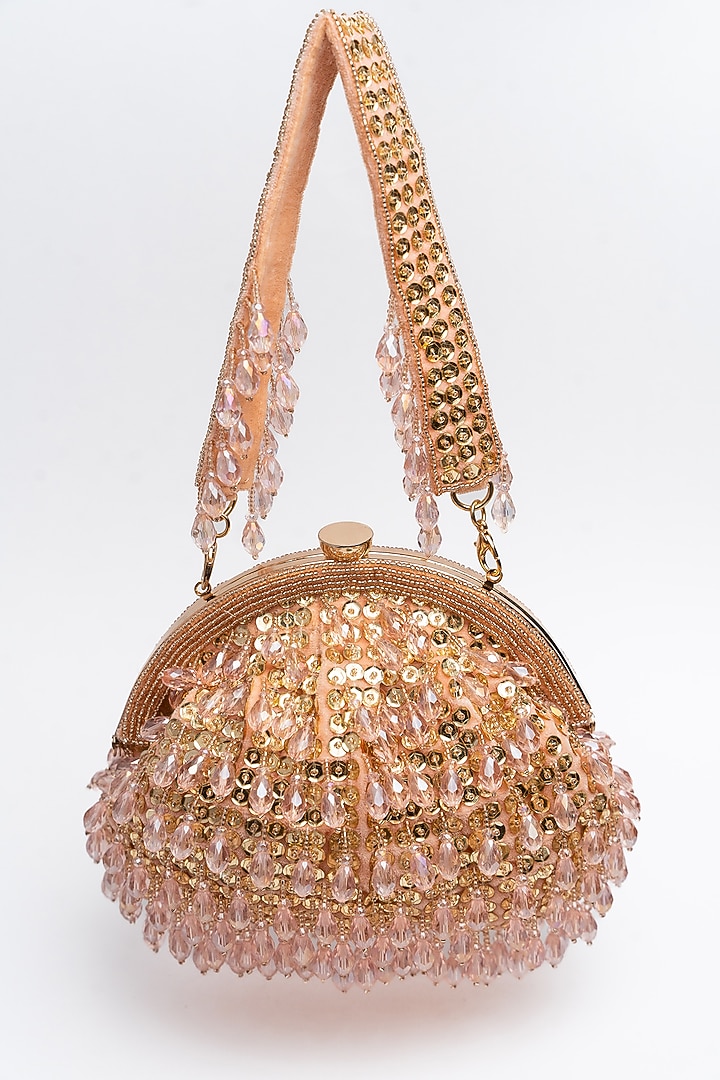Rose & Dull Gold Silk Crystal & Bead Work Clutch by Nayaab by Sonia at Pernia's Pop Up Shop