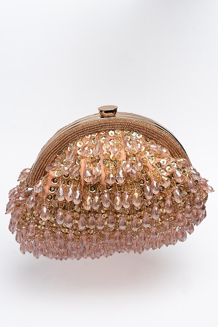 Rose & Dull Gold Silk Crystal & Bead Work Clutch by Nayaab by Sonia at Pernia's Pop Up Shop