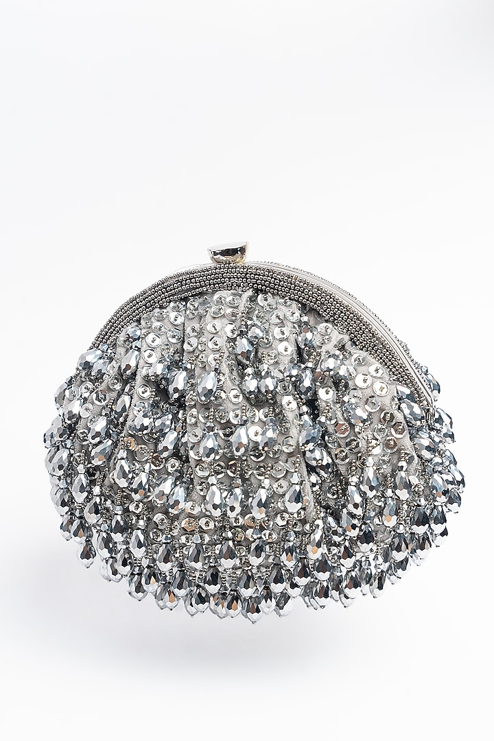 Silver Silk Bead & Crystal Work Clutch by Nayaab by Sonia at Pernia's Pop Up Shop