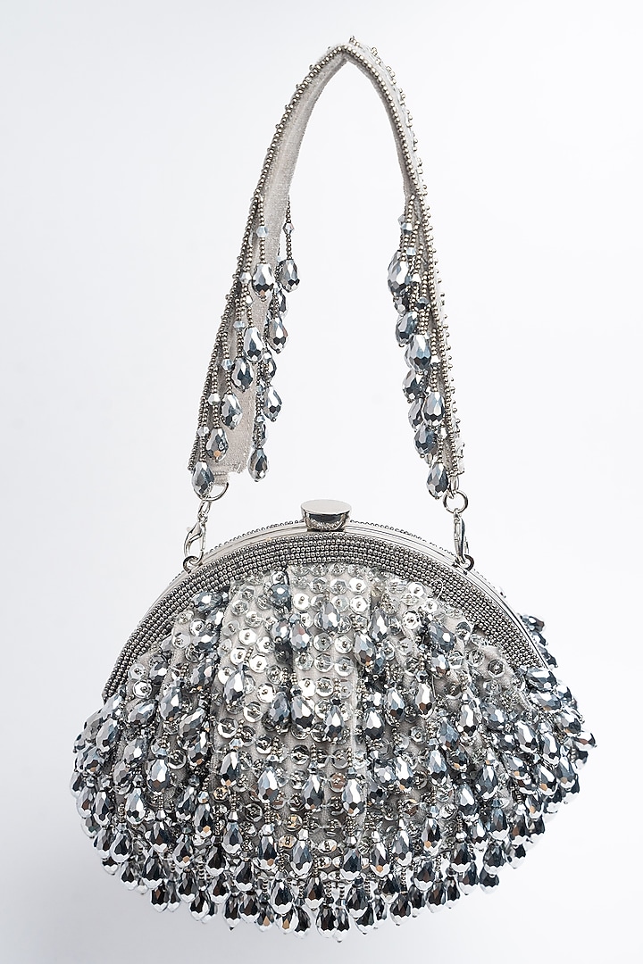 Silver Silk Bead & Crystal Work Clutch by Nayaab by Sonia at Pernia's Pop Up Shop