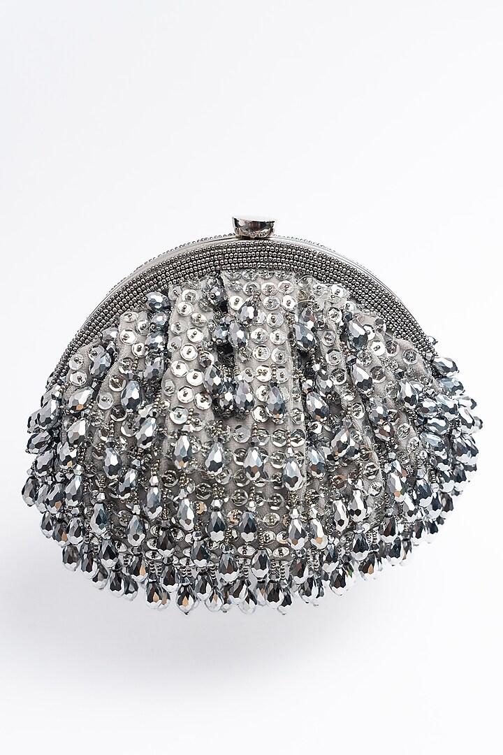 Silver Silk Bead & Crystal Work Clutch by Nayaab by Sonia at Pernia's Pop Up Shop