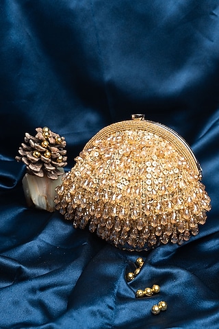 Gold Silk Bead & Crystal Work Clutch by Nayaab by Sonia