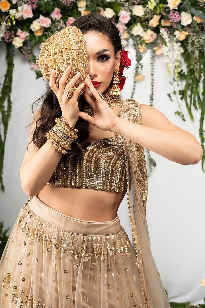 Gold Silk Bead & Crystal Work Clutch by Nayaab by Sonia at Pernia's Pop Up Shop