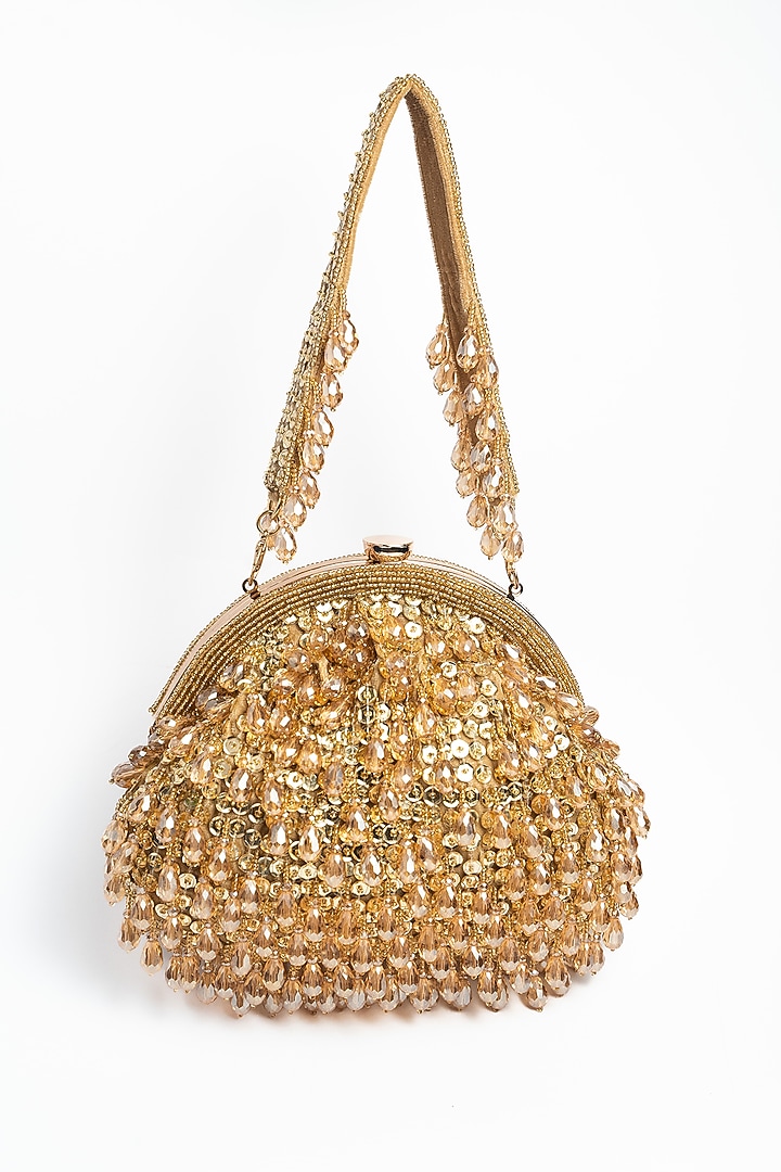 Gold Silk Bead & Crystal Work Clutch by Nayaab by Sonia at Pernia's Pop Up Shop
