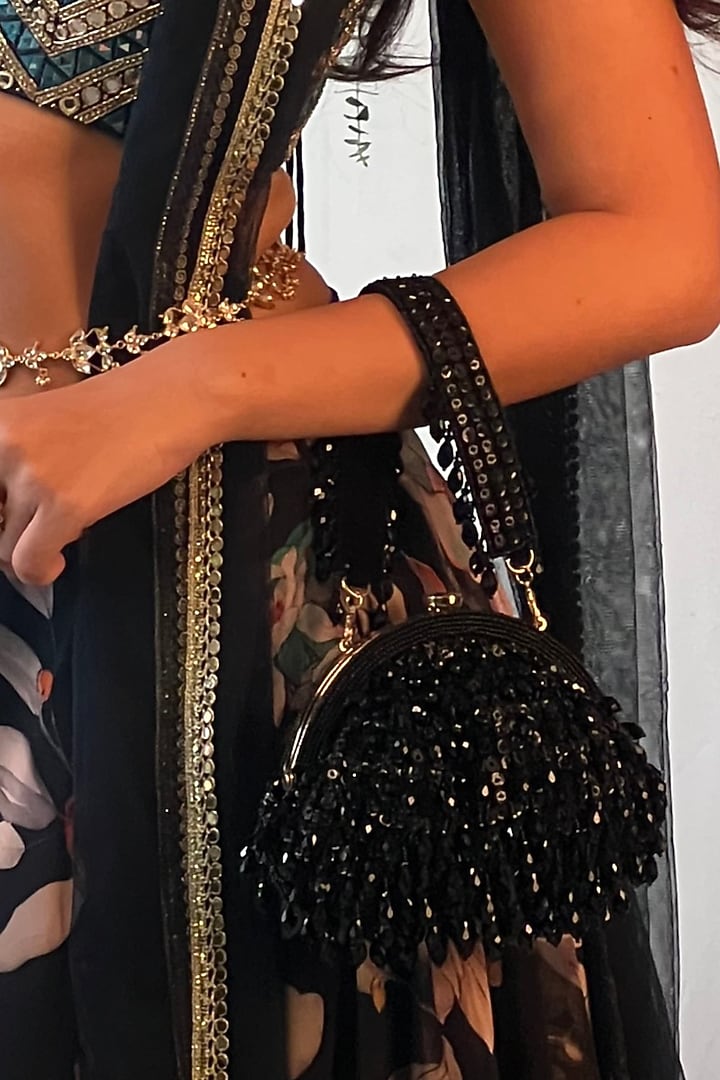 Black Silk Bead & Crystal Work Clutch by Nayaab by Sonia at Pernia's Pop Up Shop