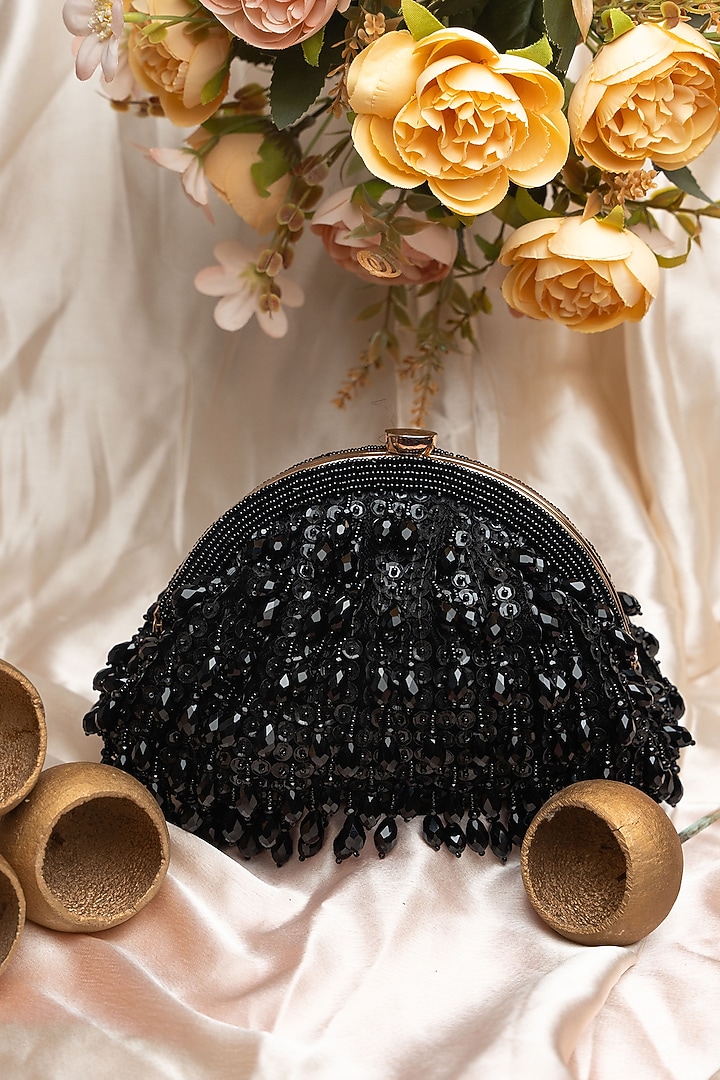 Black Silk Bead & Crystal Work Clutch by Nayaab by Sonia at Pernia's Pop Up Shop