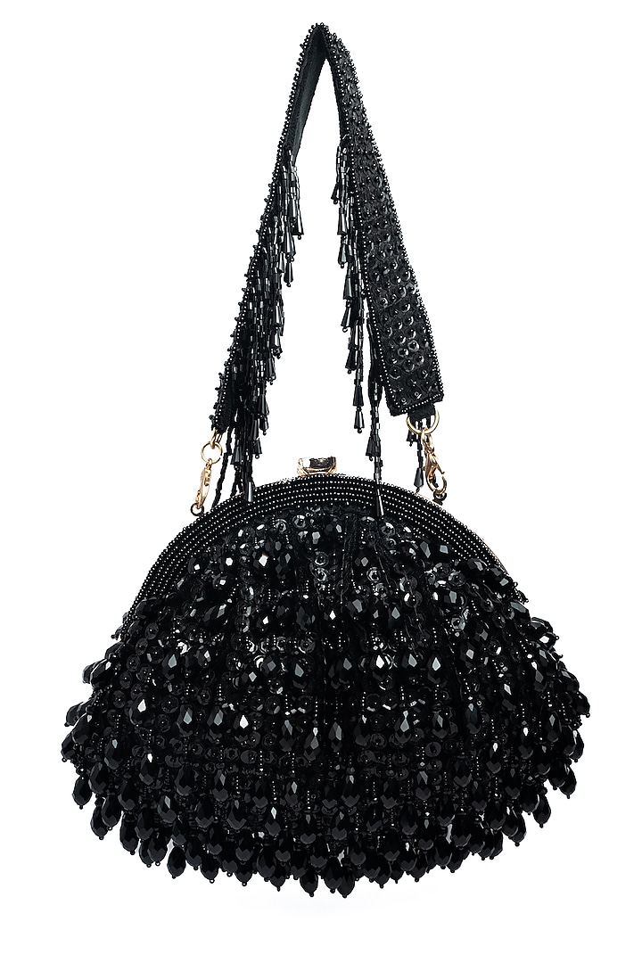 Black Silk Bead & Crystal Work Clutch by Nayaab by Sonia at Pernia's Pop Up Shop