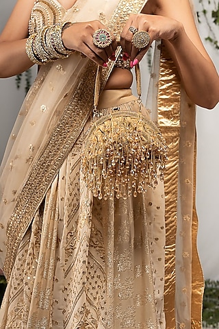 Gold Suede Bead & Crystal Work Clutch by Nayaab by Sonia
