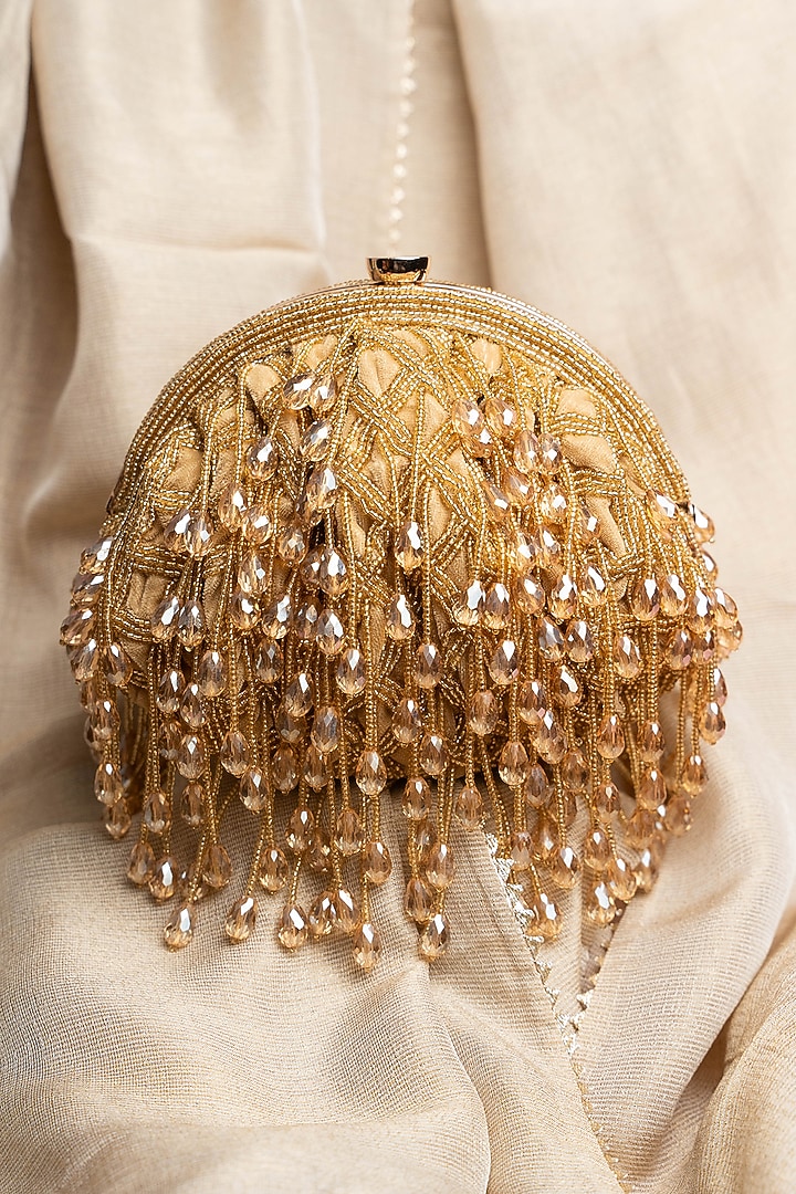 Gold Suede Bead & Crystal Work Clutch by Nayaab by Sonia at Pernia's Pop Up Shop