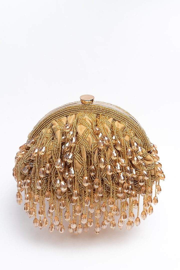 Gold Suede Bead & Crystal Work Clutch by Nayaab by Sonia at Pernia's Pop Up Shop