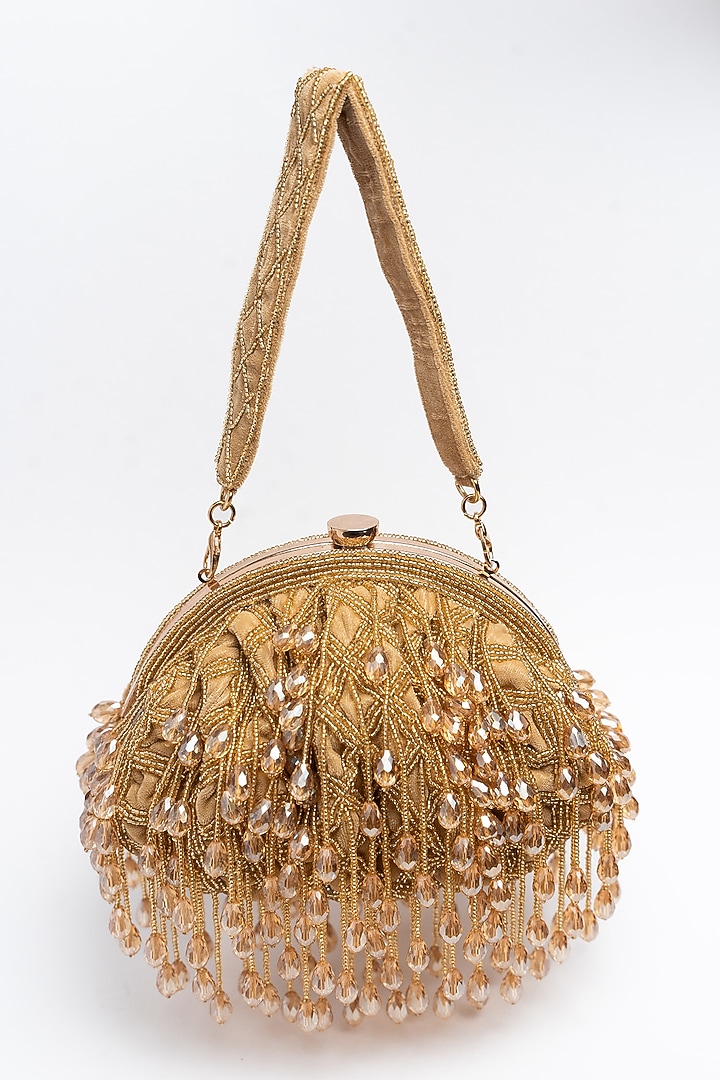Gold Suede Bead & Crystal Work Clutch by Nayaab by Sonia at Pernia's Pop Up Shop