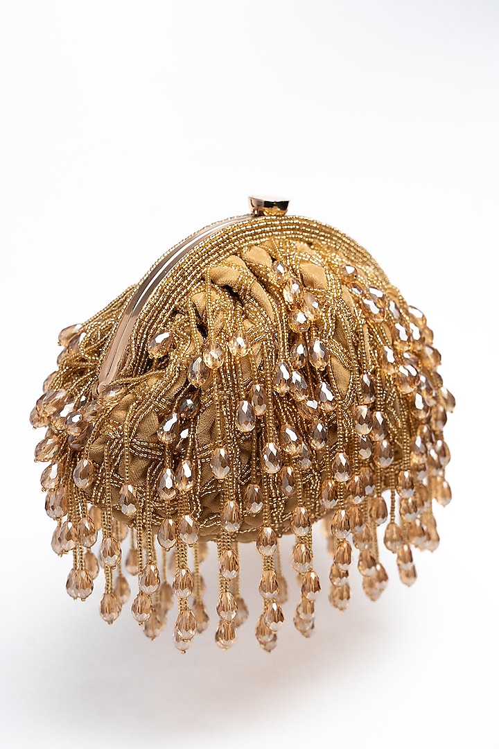 Gold Suede Bead & Crystal Work Clutch by Nayaab by Sonia at Pernia's Pop Up Shop