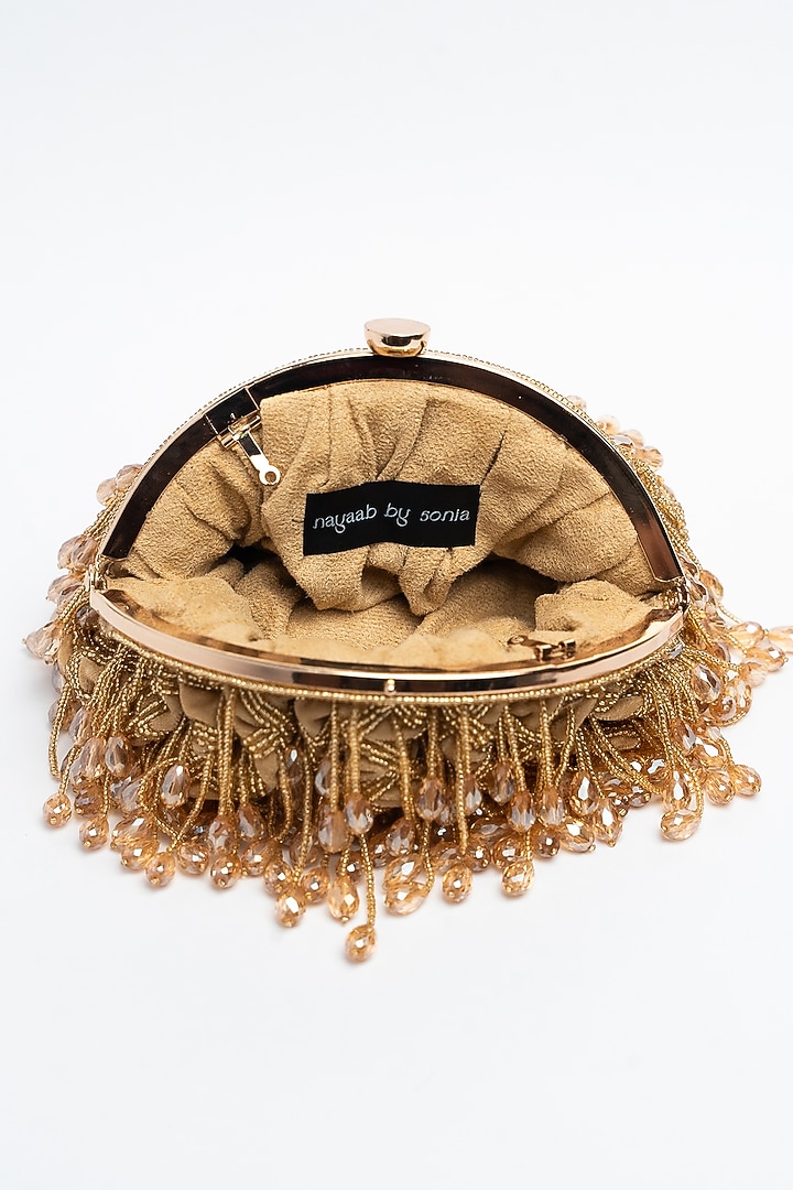 Gold Suede Bead & Crystal Work Clutch by Nayaab by Sonia at Pernia's Pop Up Shop