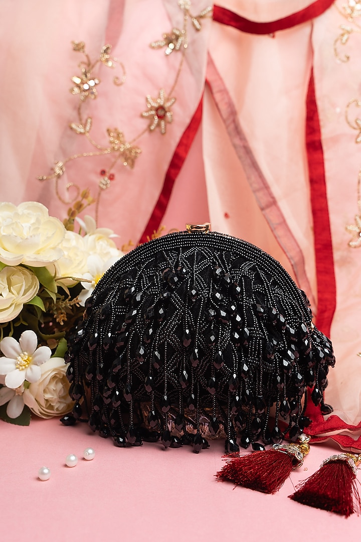 Black Suede Bead & Crystal Work Clutch by Nayaab by Sonia at Pernia's Pop Up Shop