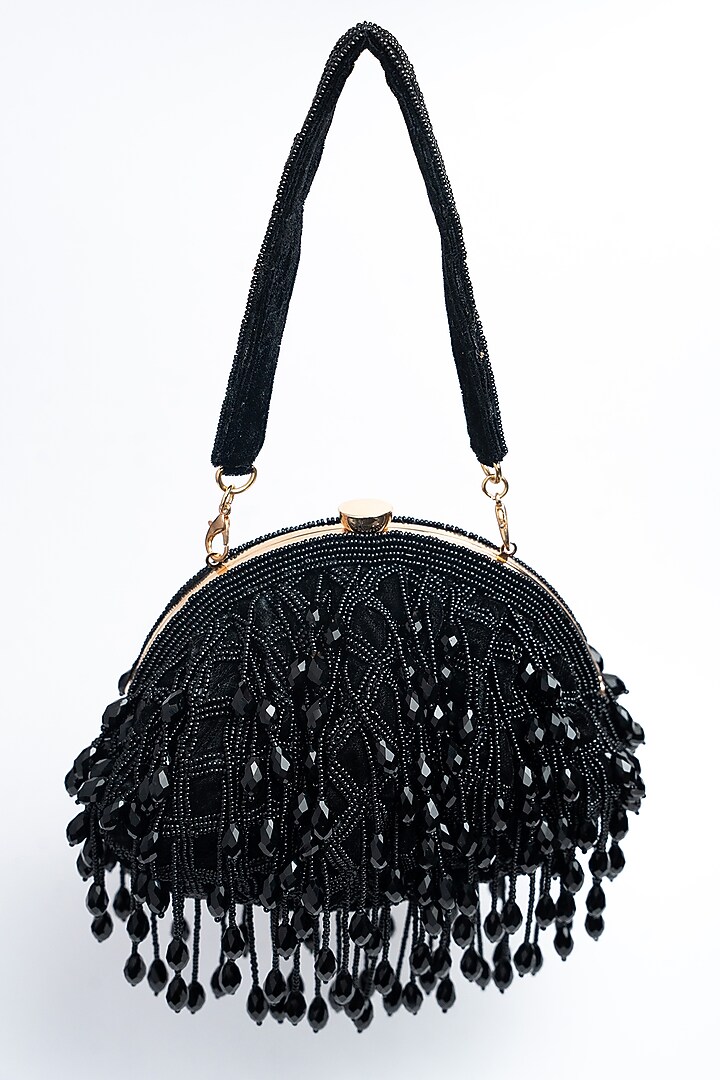Black Suede Bead & Crystal Work Clutch by Nayaab by Sonia at Pernia's Pop Up Shop