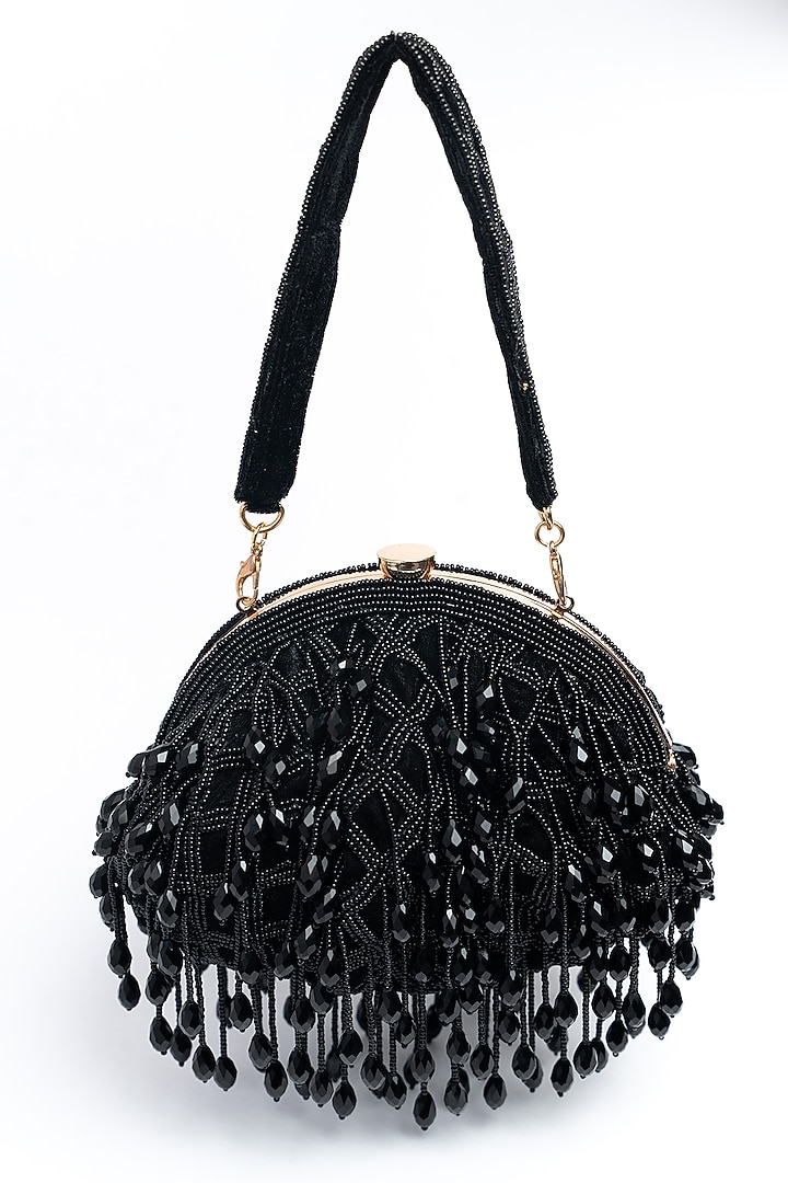 Black Suede Bead & Crystal Work Clutch by Nayaab by Sonia at Pernia's Pop Up Shop
