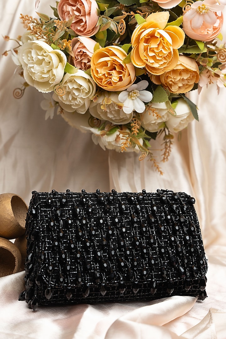 Black Suede Crystal & Bead Work Box Clutch by Nayaab by Sonia at Pernia's Pop Up Shop