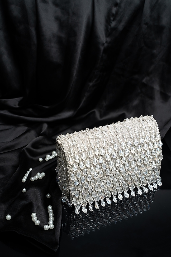 Silver Suede Crystal & Bead Work Box Clutch by Nayaab by Sonia at Pernia's Pop Up Shop