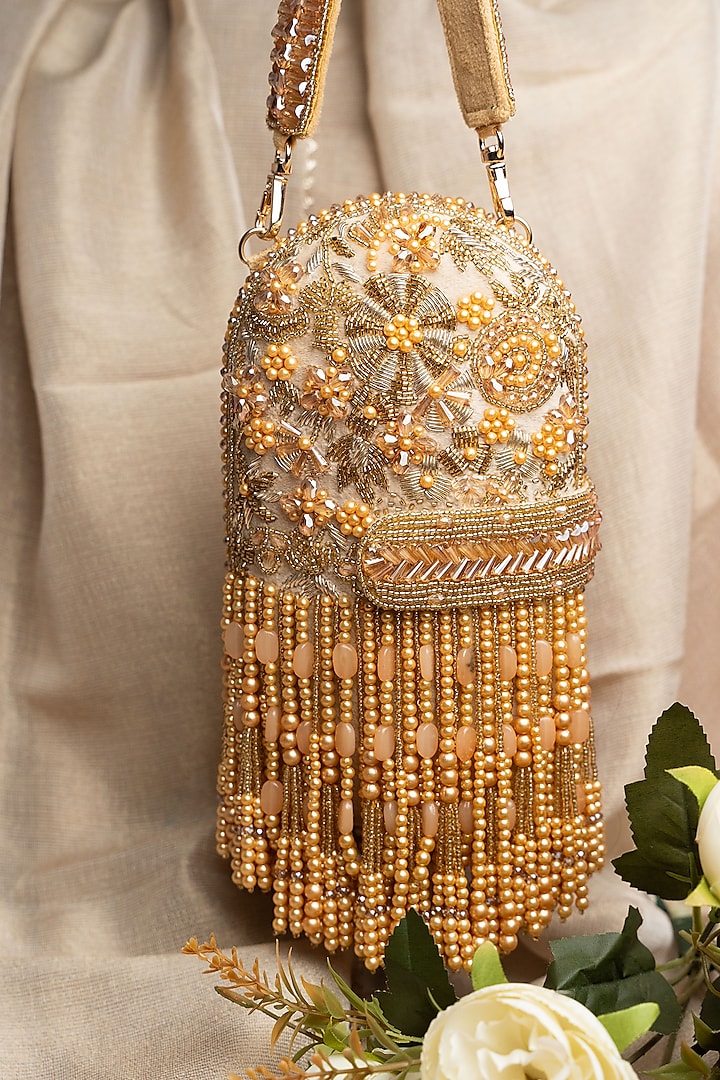 Gold Suede Tassel & Bead Work Box Clutch by Nayaab by Sonia at Pernia's Pop Up Shop