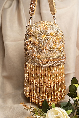 Gold Suede Tassel & Bead Work Box Clutch by Nayaab by Sonia