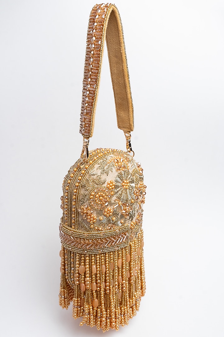 Gold Suede Tassel & Bead Work Box Clutch by Nayaab by Sonia at Pernia's Pop Up Shop