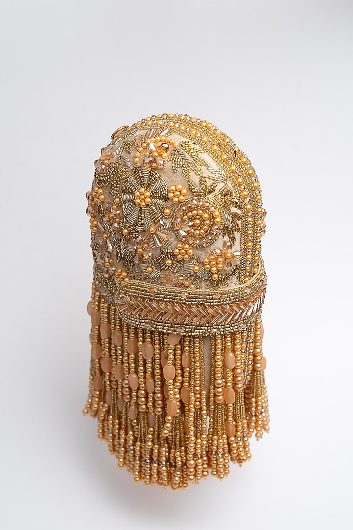 Gold Suede Tassel & Bead Work Box Clutch by Nayaab by Sonia at Pernia's Pop Up Shop