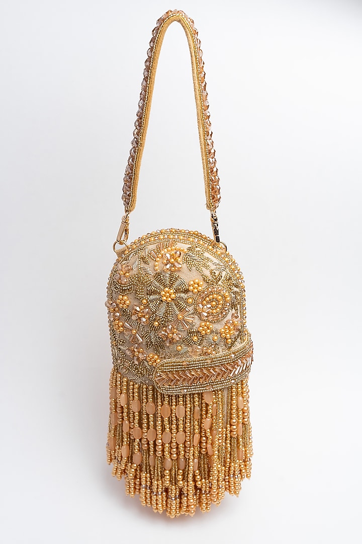 Gold Suede Tassel & Bead Work Box Clutch by Nayaab by Sonia at Pernia's Pop Up Shop