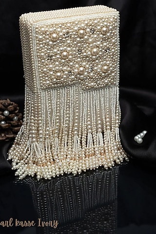 Off-White Suede Tassel & Pearl Work Box Clutch by Nayaab by Sonia