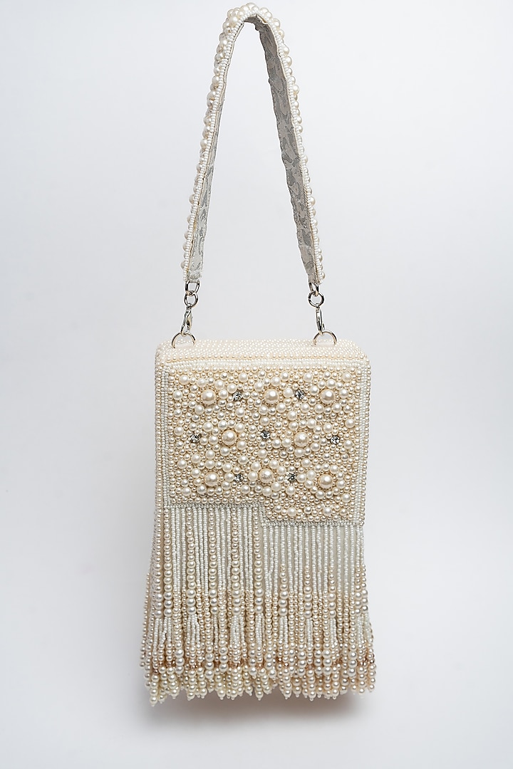 Off-White Suede Tassel & Pearl Work Box Clutch by Nayaab by Sonia at Pernia's Pop Up Shop
