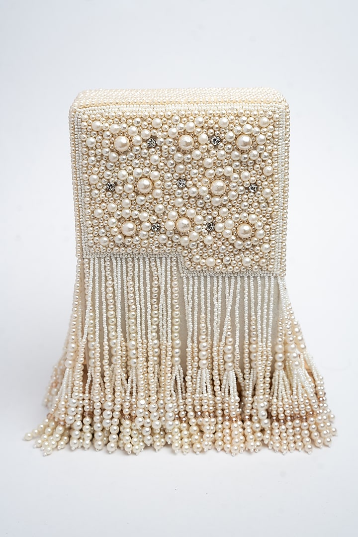 Off-White Suede Tassel & Pearl Work Box Clutch by Nayaab by Sonia at Pernia's Pop Up Shop