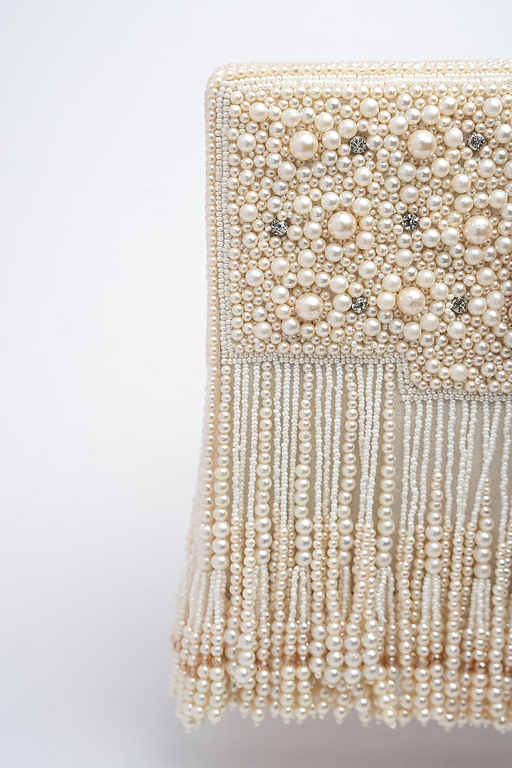 Off-White Suede Tassel & Pearl Work Box Clutch by Nayaab by Sonia at Pernia's Pop Up Shop