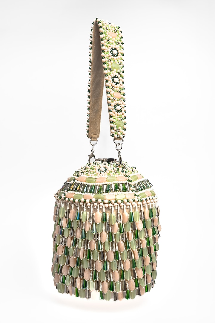 Green & Off-White Suede Bead Work Potli by Nayaab by Sonia at Pernia's Pop Up Shop