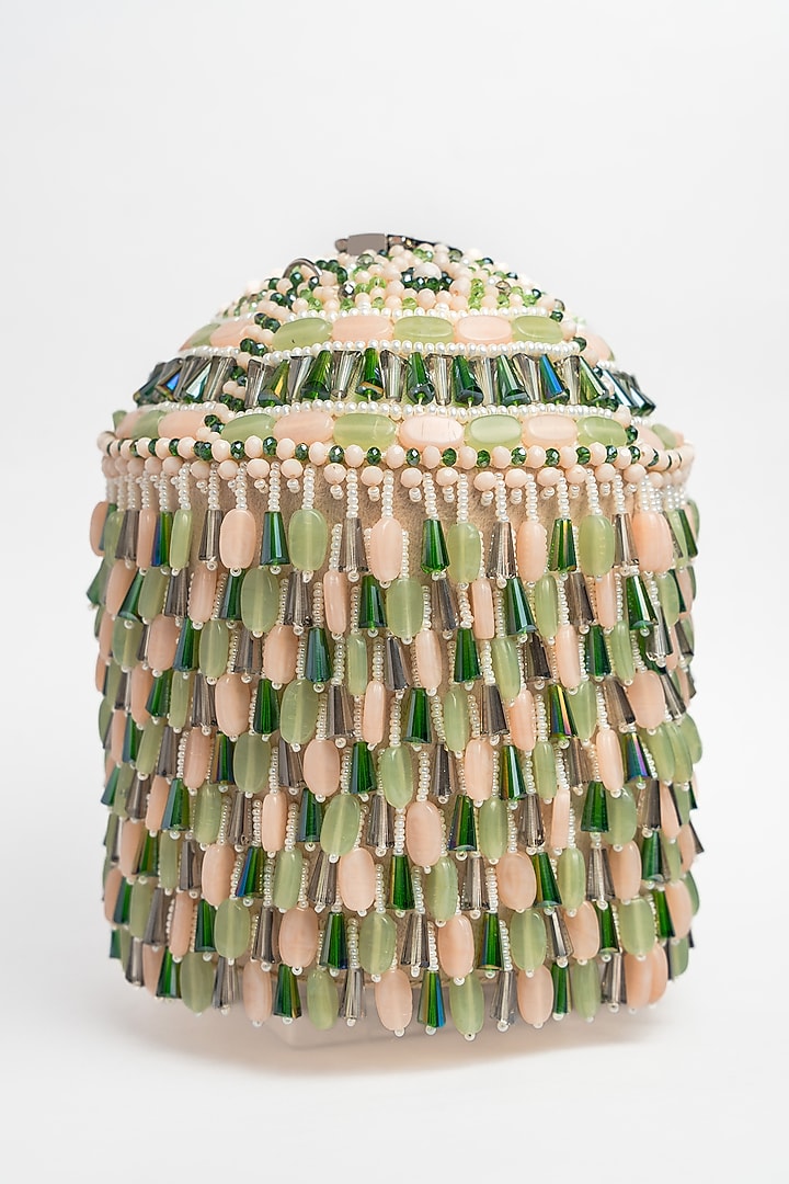 Green & Off-White Suede Bead Work Potli by Nayaab by Sonia at Pernia's Pop Up Shop