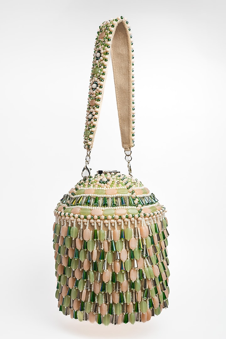 Green & Off-White Suede Bead Work Potli by Nayaab by Sonia at Pernia's Pop Up Shop