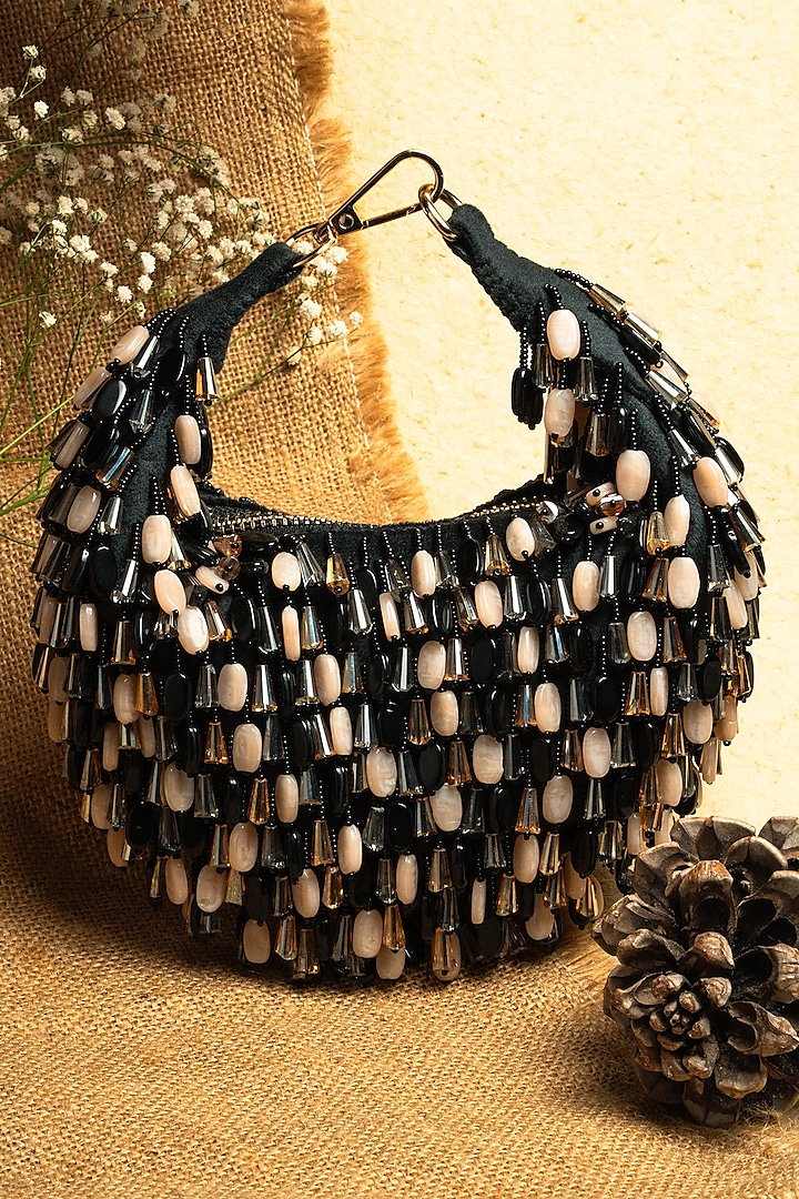 Black & Cream Suede Beaded Tassel Potli by Nayaab by Sonia at Pernia's Pop Up Shop