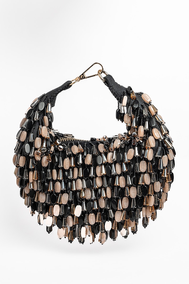 Black & Cream Suede Beaded Tassel Potli by Nayaab by Sonia at Pernia's Pop Up Shop