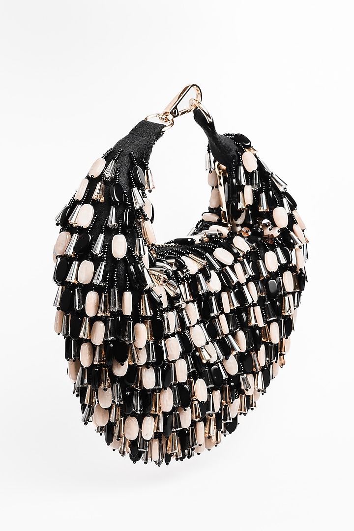 Black & Cream Suede Beaded Tassel Potli by Nayaab by Sonia at Pernia's Pop Up Shop