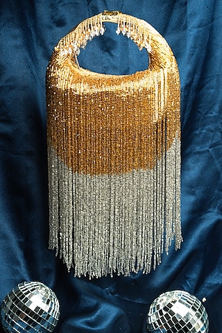 Gold & Silver Silk Beaded Tassel Potli by Nayaab by Sonia