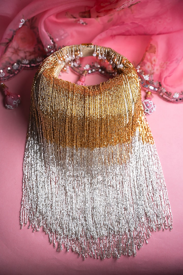 Gold & Silver Silk Beaded Tassel Potli by Nayaab by Sonia at Pernia's Pop Up Shop