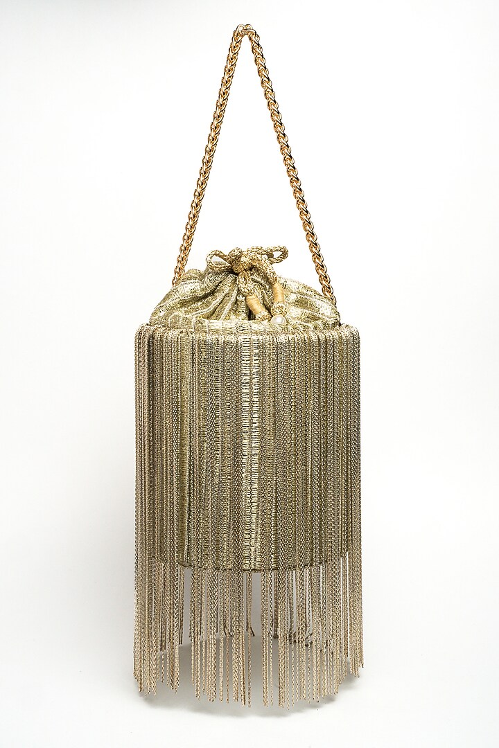 Light Gold Silk Metallic Chain Tassel Potli by Nayaab by Sonia at Pernia's Pop Up Shop