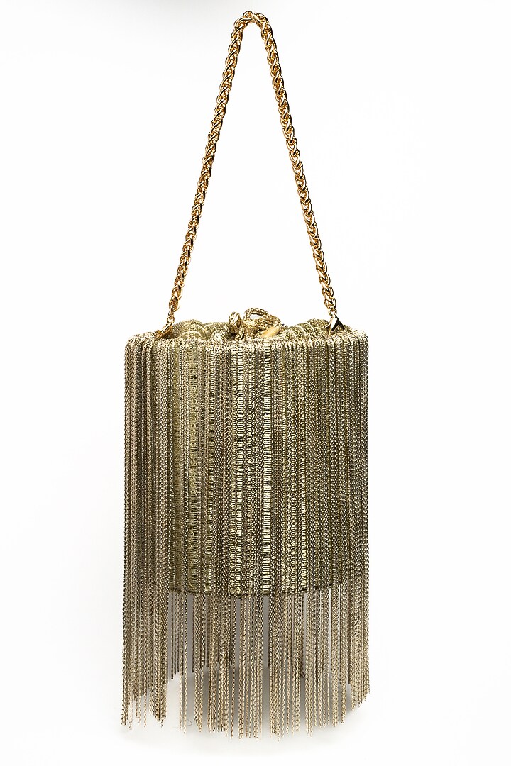 Light Gold Silk Metallic Chain Tassel Potli by Nayaab by Sonia at Pernia's Pop Up Shop