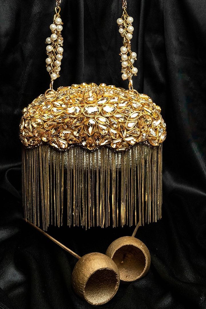 Gold Silk Kundan & Metallic Chain Work Clutch by Nayaab by Sonia