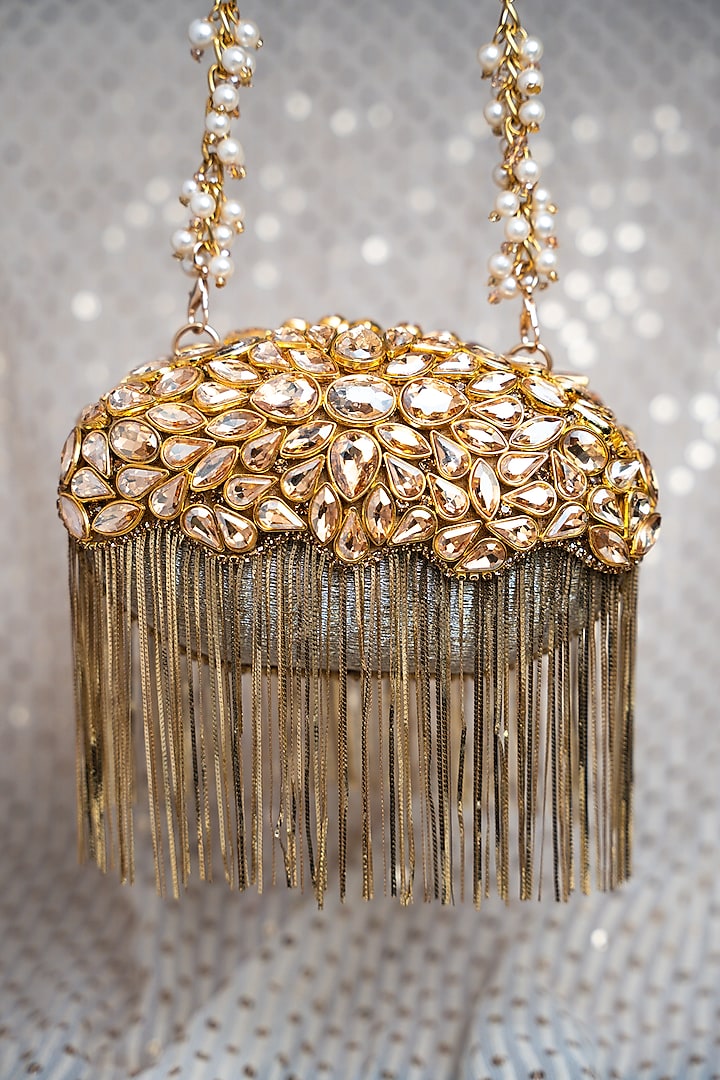 Gold Silk Kundan & Metallic Chain Work Clutch by Nayaab by Sonia at Pernia's Pop Up Shop