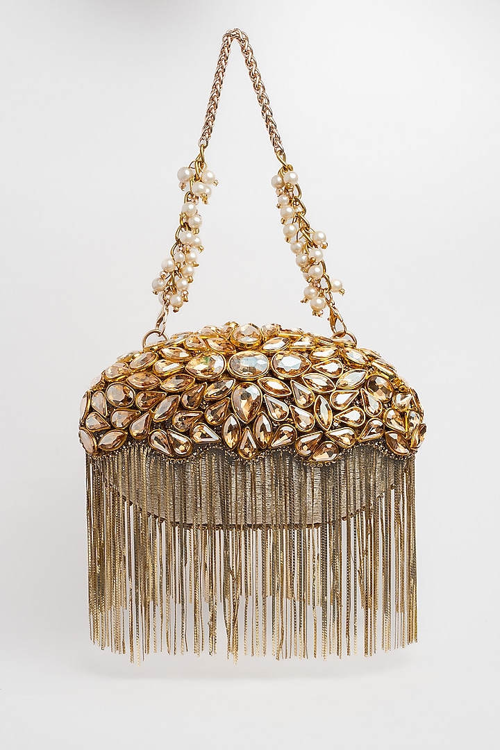 Gold Silk Kundan & Metallic Chain Work Clutch by Nayaab by Sonia at Pernia's Pop Up Shop