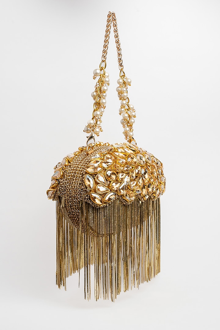 Gold Silk Kundan & Metallic Chain Work Clutch by Nayaab by Sonia at Pernia's Pop Up Shop