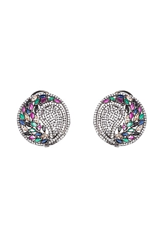 Black Rhodium Finish Semi-Precious Stone & CZ Diamond Stud Earrings by Nayaab by Sonia