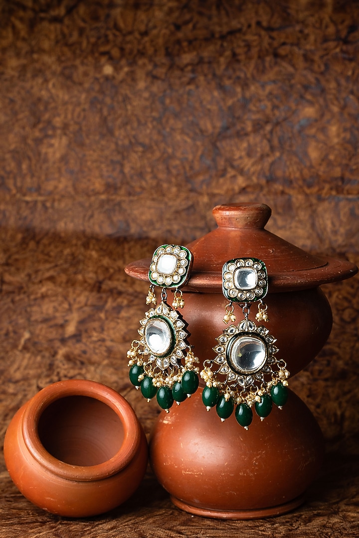 Gold Finish Kundan Polki & Emerald Dangler Earrings by Nayaab by Sonia at Pernia's Pop Up Shop